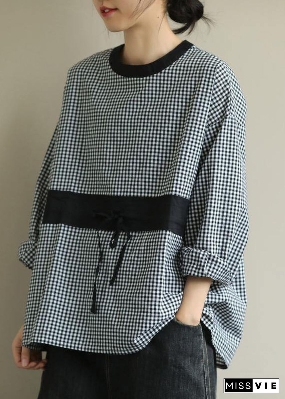 Elegant o neck tie waist fall Blouse Wardrobes black plaid shirt