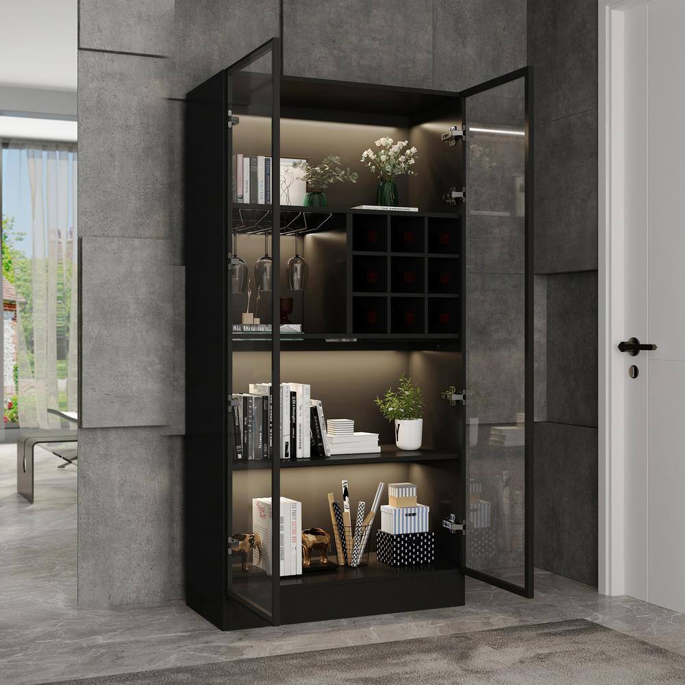 FUFUGAGA 63 in. H x 31.5 in. Wide Black Wood 3-Shelf Bookcase Bookshelf With Wine Cubes 3-Color LED Lights Tempered Glass Doors KF020275-02-cc