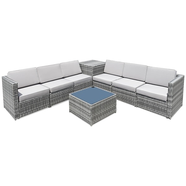 Outdoor 8PCS Rattan Wicker Sectional Cushioned Sofa Storage Table