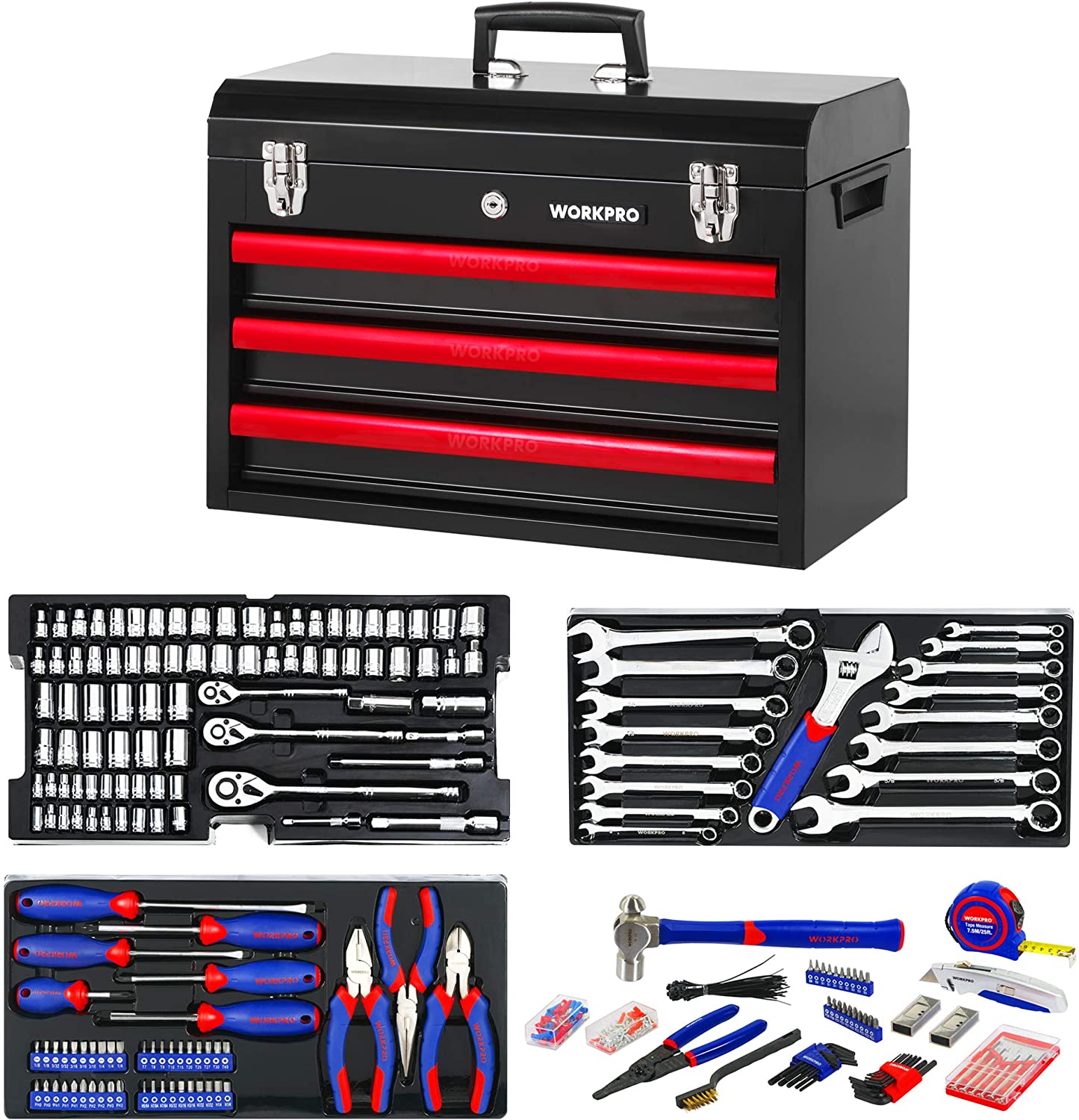 408-Piece Mechanics Tool Set with 3-Drawer Heavy Duty Metal Box (W009044A)