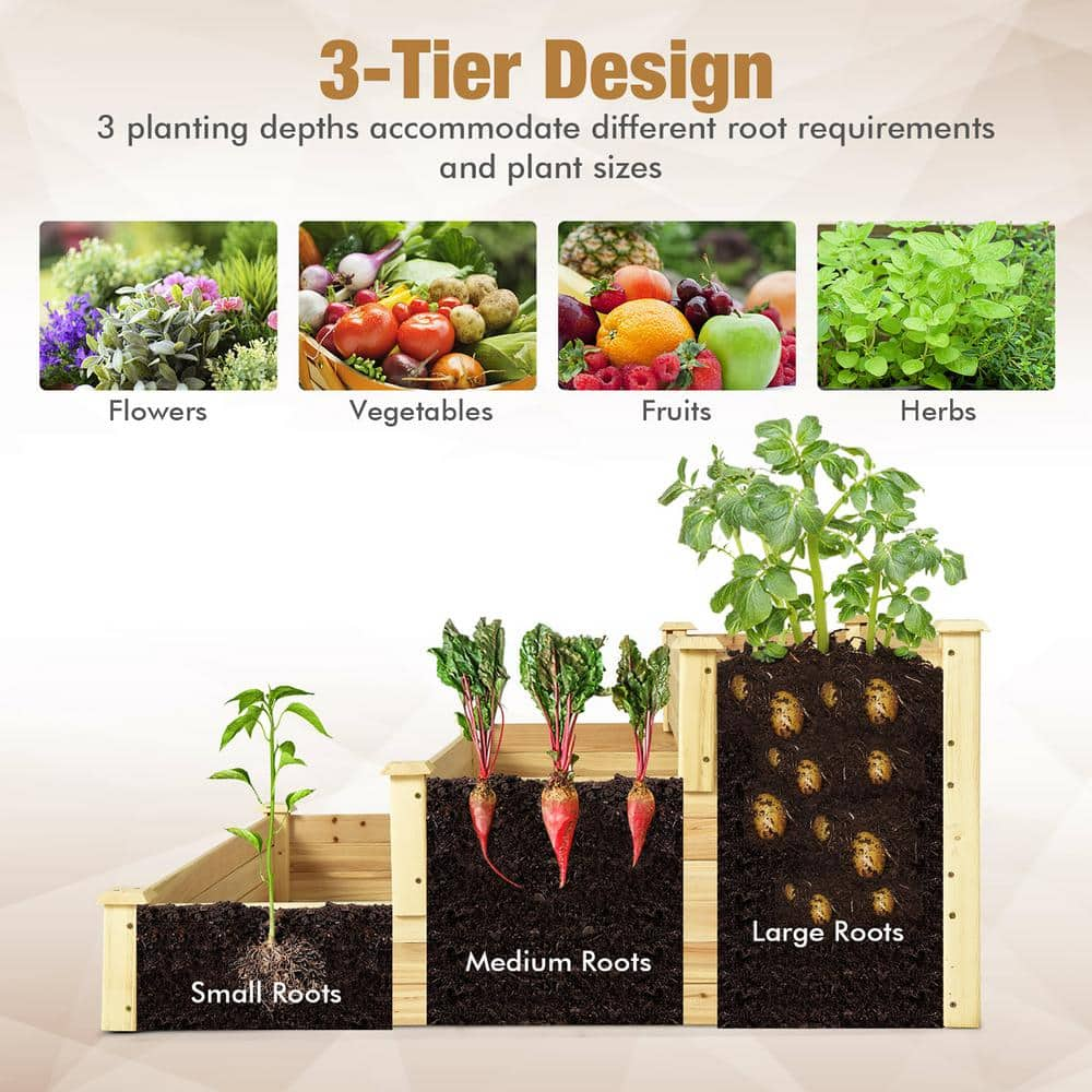 Costway 48 in. x 48 in. x 22 in. 3-Tier Natural Raised Garden Bed Wood Planter Kit for Flower Vegetable Herb GT3808