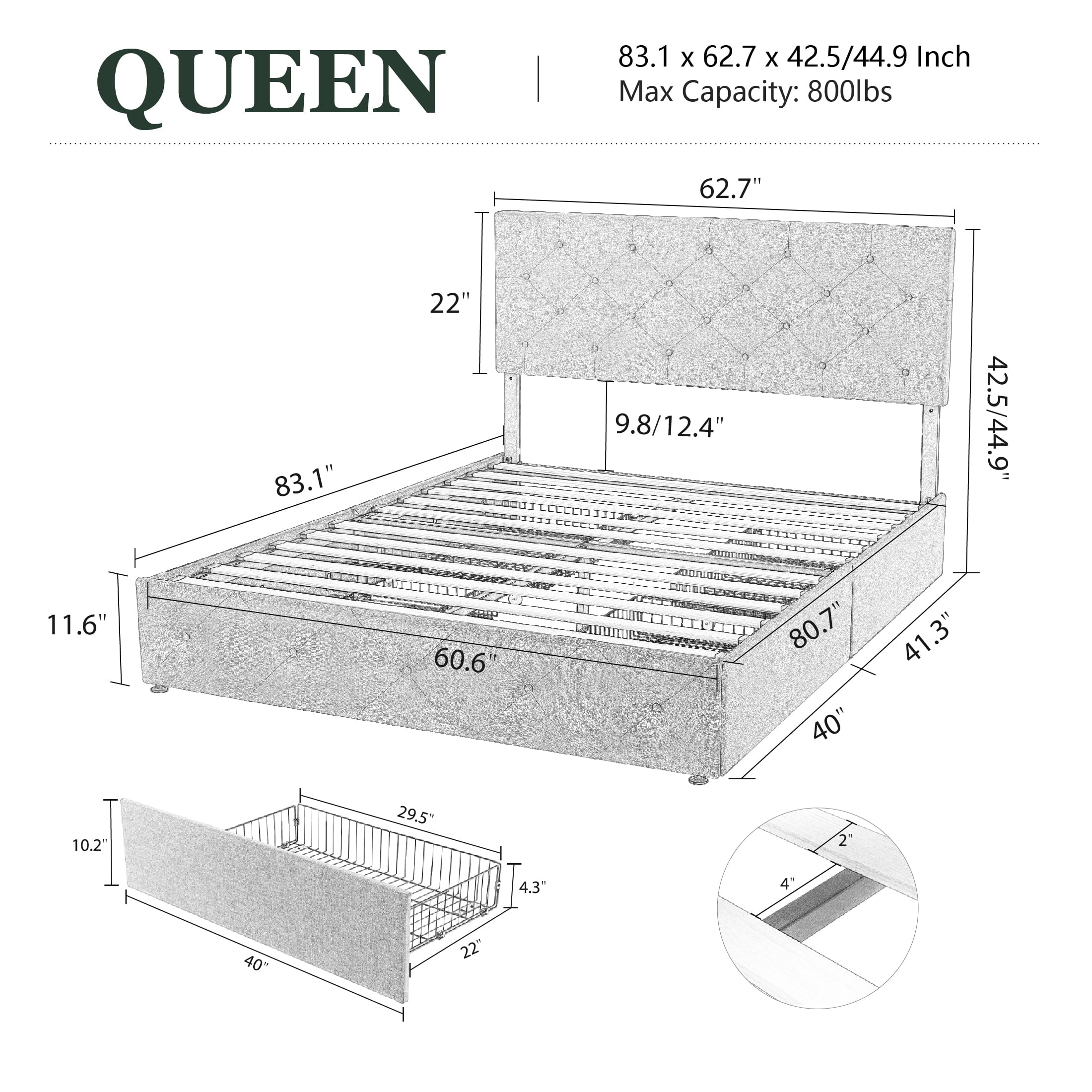 Amolife Queen Size Platform Bed Frame with Headboard and 4 Drawers, Dark Grey