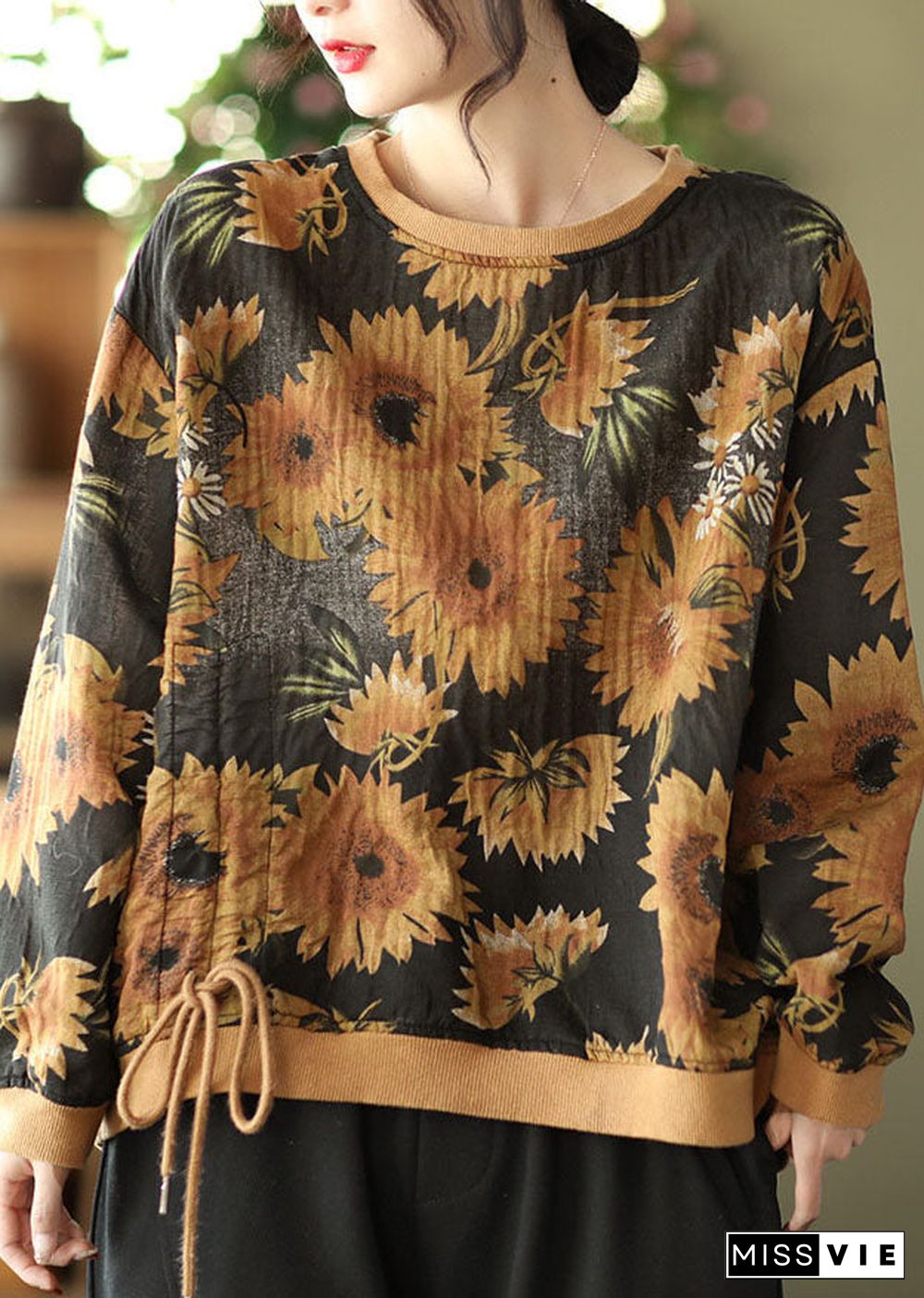 DIY Black O-Neck wrinkled drawstring Floral Print Pullover Sweatshirt Spring