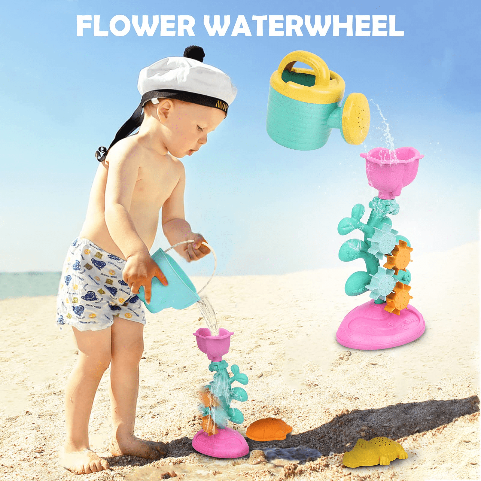 Dreamon Beach Toys Set Sand Toy for Kids 14 Pcs Flower Water Wheel Animal Molds, Gifts for Kid Ages 4 to 8