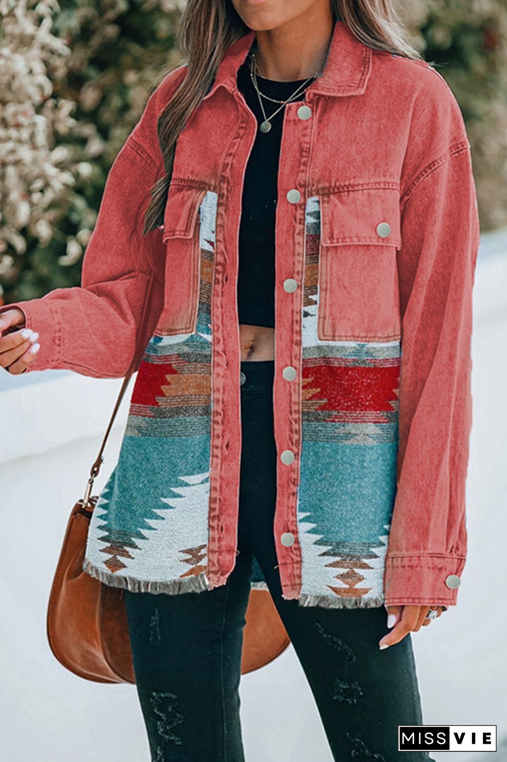 Distressed Aztec Denim Jacket Coat