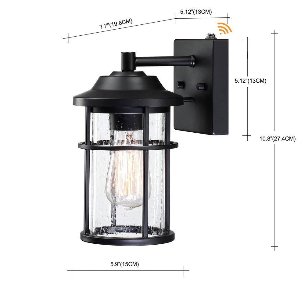 Uixe 11 in. Matte Black Hardwired Dusk to Dawn Outdoor Wall Lantern Sconce Sensor with Seeded Glass Shade SSL-14631-S-PC