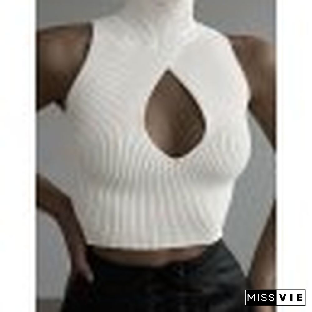 Cutout Turtleneck Ribbed Knit Cropped Tank Top