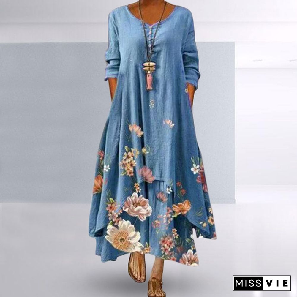 Women Casual Floral Print Long Sleeve Round Neck Double Layer Maxi Dresses Floral Casual Ethnic Style Loose Long Dress