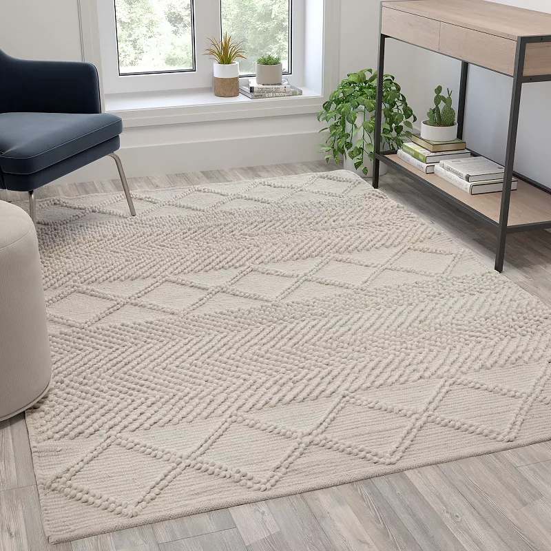 Emma and Oliver 5' x 7' Triple Blend Ivory and White Handwoven Geometric Area Rug