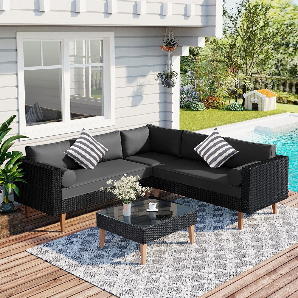 Outdoor Patio Wicker Sofa L shape Sectional Sofa Conversation Sets Furniture