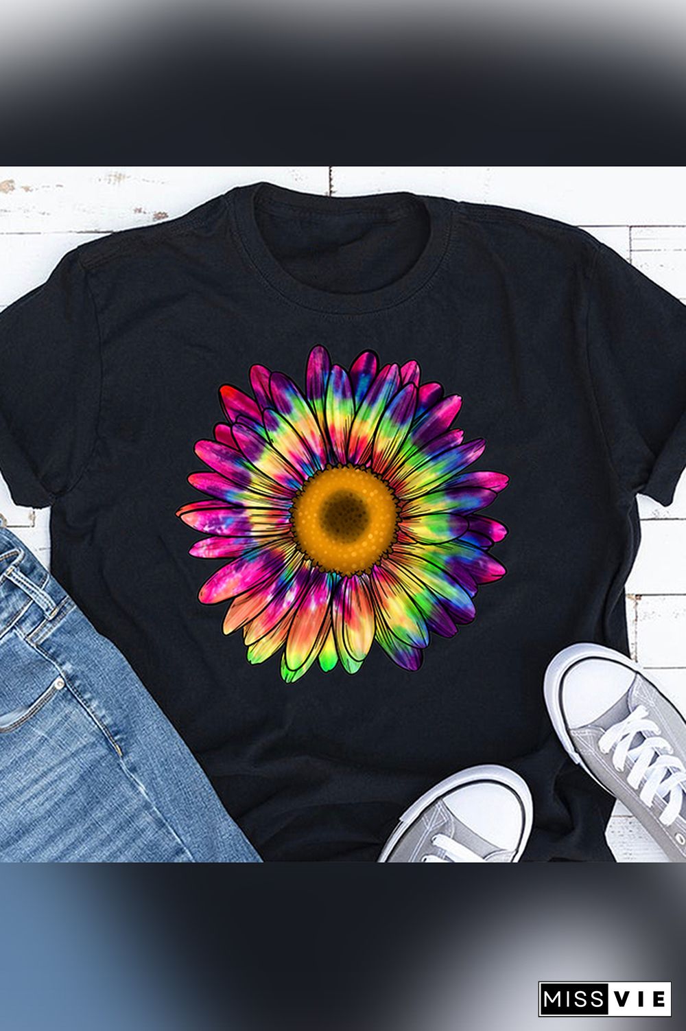 Tie Dye Sunflower Print Short Sleeve Graphic Tee Wholesale