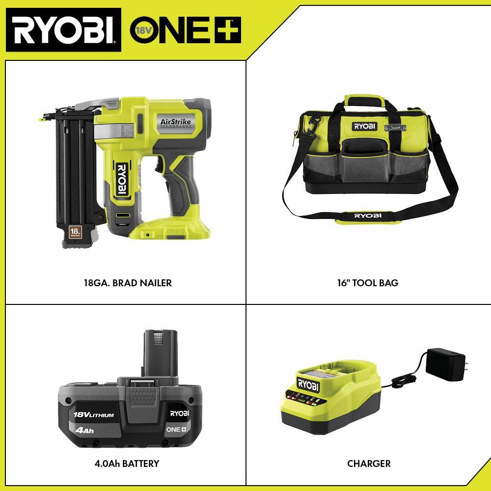 RYOBI ONE+ 18V 18-Gauge Cordless AirStrike Brad Nailer with 4.0 Ah Battery Charger and 16 in. Tool Bag P321K1N-STS603