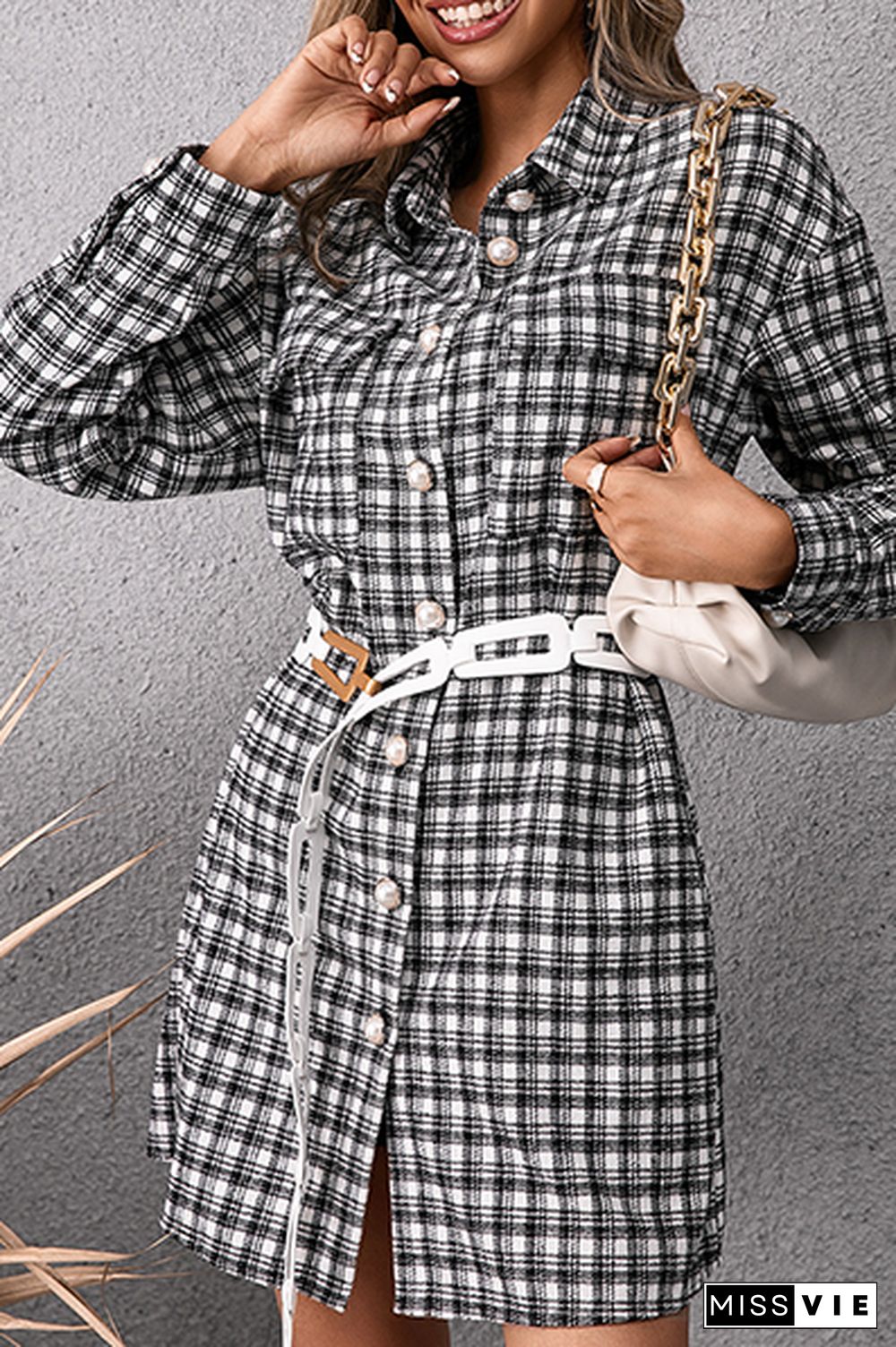 Fashion Casual Plaid Pocket Buckle Shirt Dress Dresses (Without Belt)