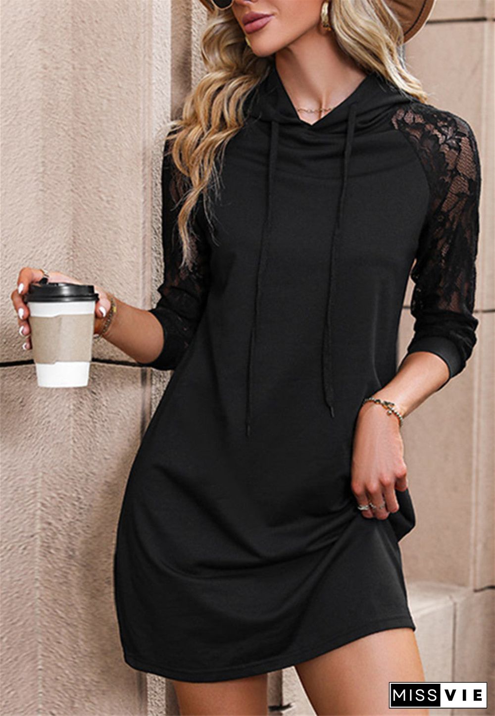 Sheer Lace Sleeve Hoodie Dress