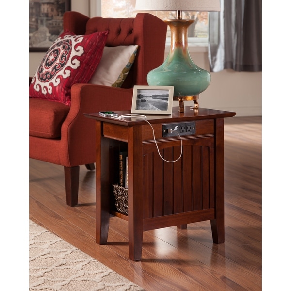 Nantucket Solid Wood Side Table with Built-In Charging in Walnut