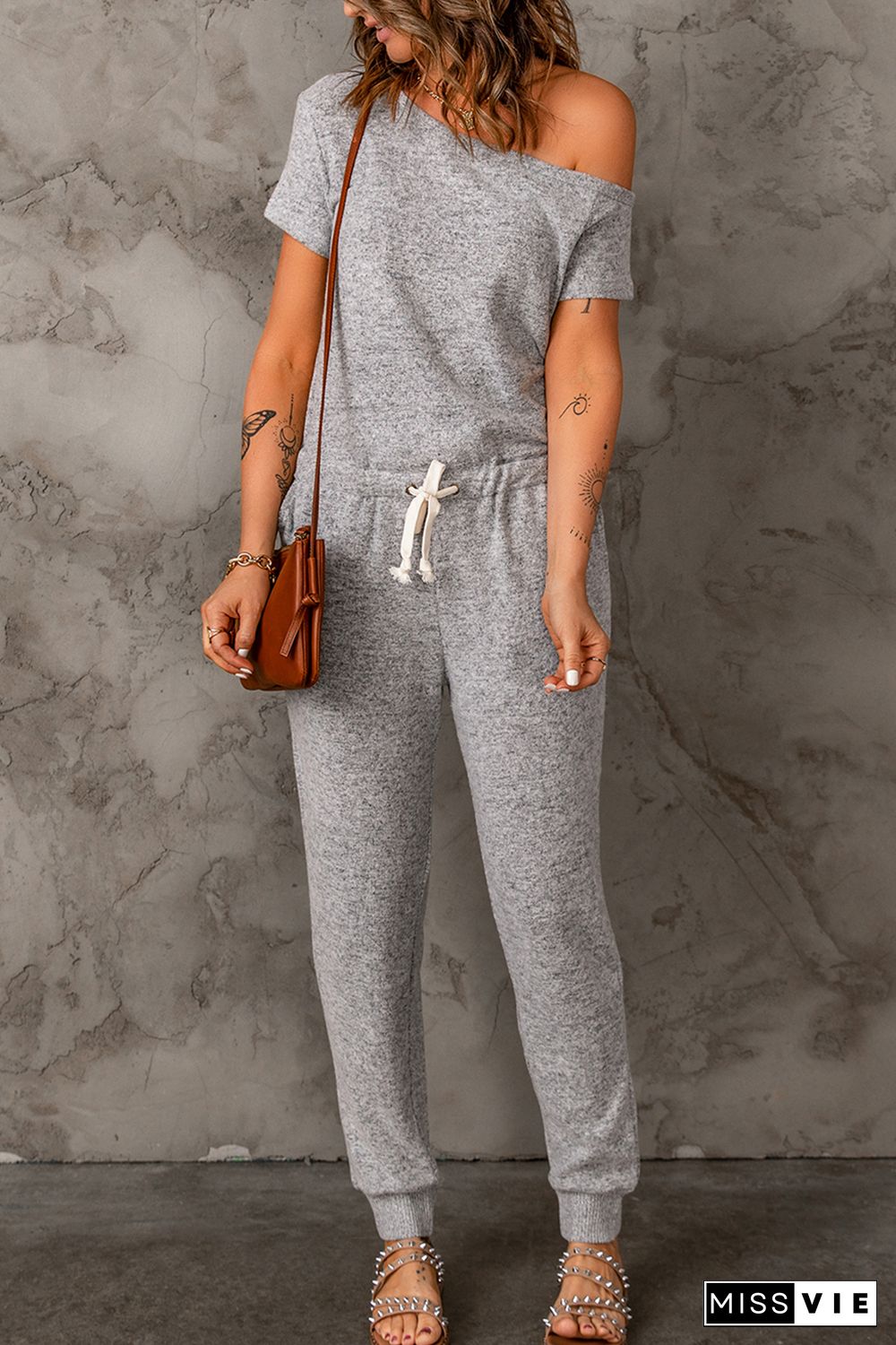 Gray Off Shoulder Drawstring High Waist Short Sleeve Jumpsuit