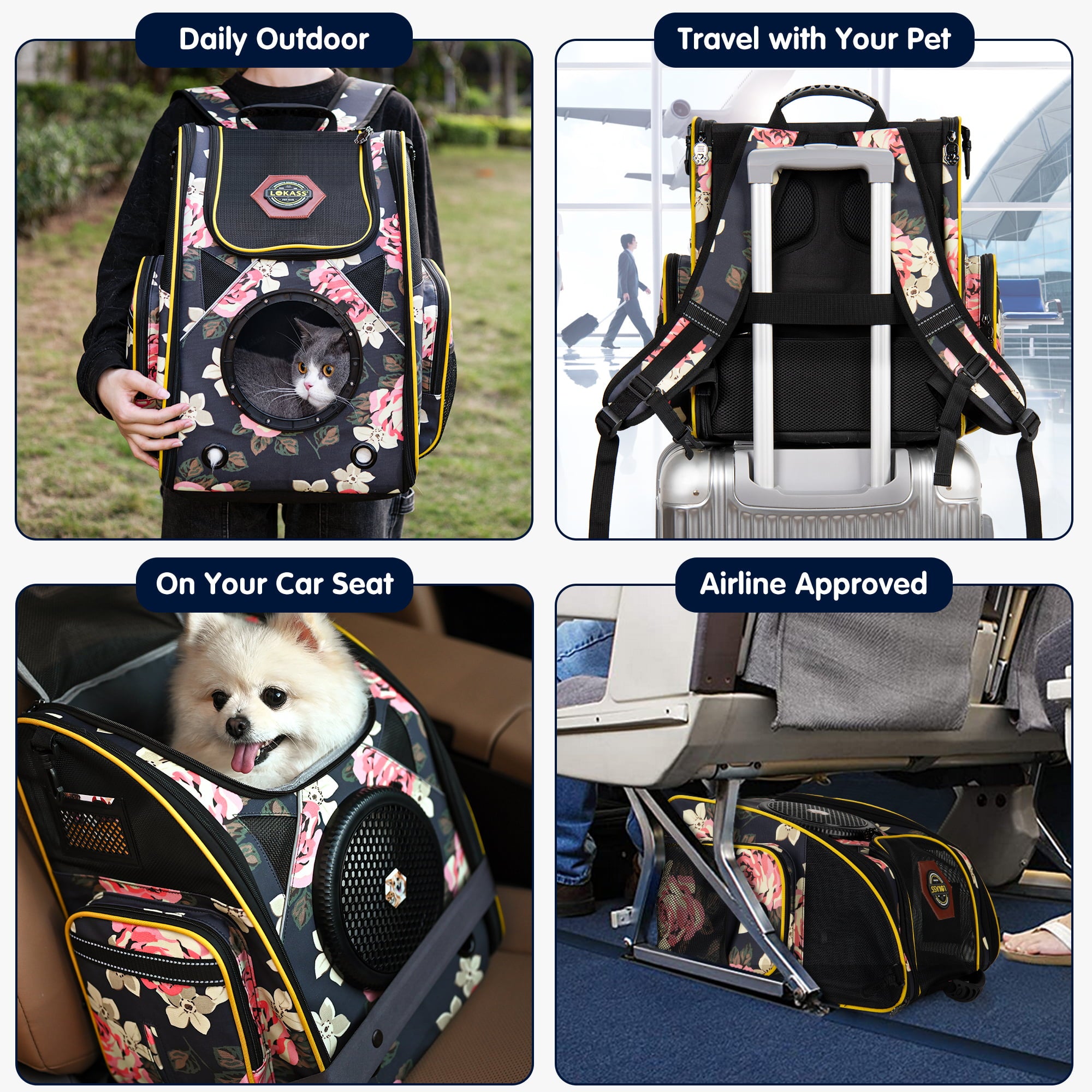 2023 Upgrade Cat Backpack Carrier， Airline Approved Travel Bag for Cats and Small Dog， Large Portable Pet Carriers with 2 Pet Food Bag and 2 Pet Food Bowl ， Peony black