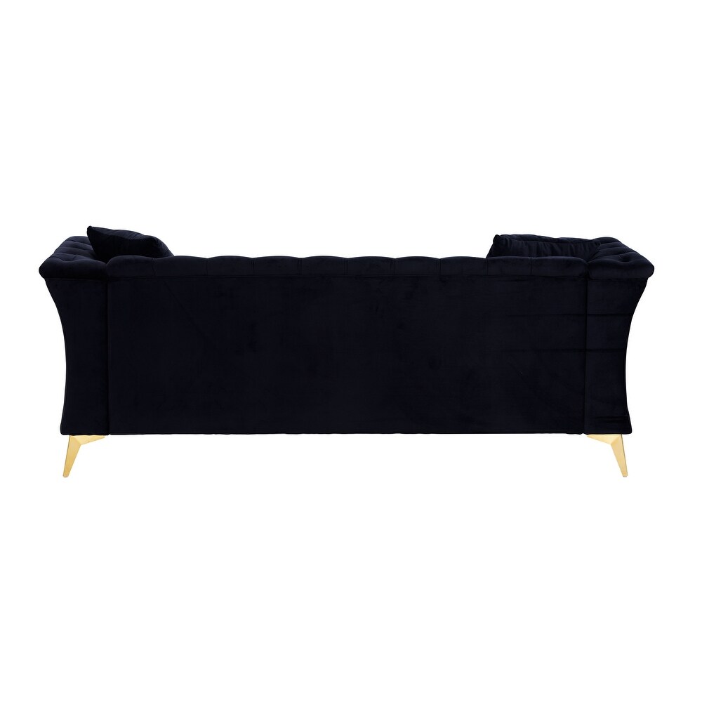 Black Modern 3 Seater Button Tufted Sofa with Soft Tufted Velvet Upholstery  Scroll Arms  and Gold Metal Legs for Living Room