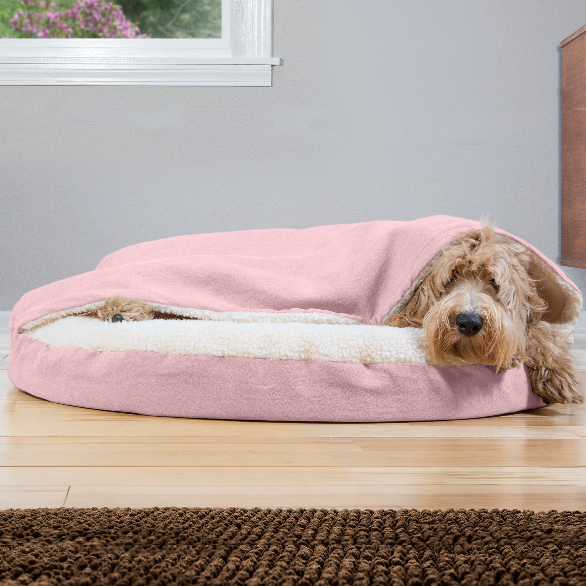 FurHaven Pet Products Orthopedic Faux Sheepskin Snuggery Burrow Pet Bed for Dogs & Cats, Pink, 35