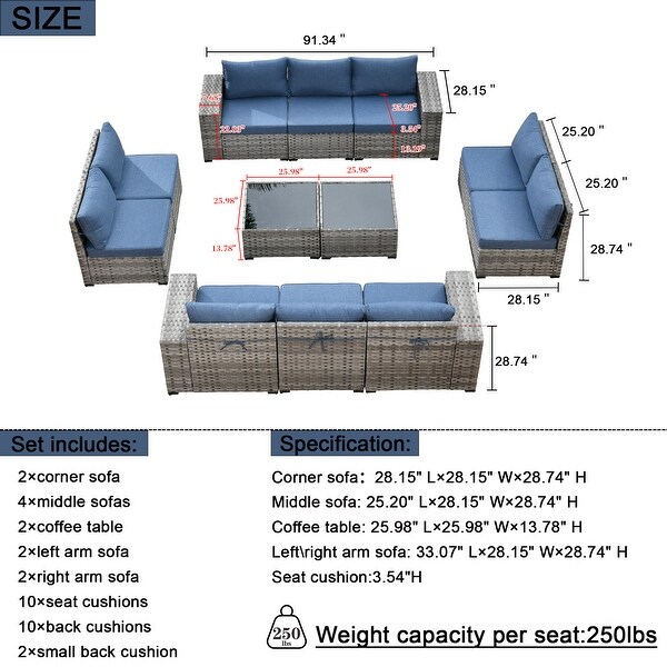 HOOOWOOO 12Piece Outdoor Patio Furniture Modular Wide Armrest Sectional Sofa Set