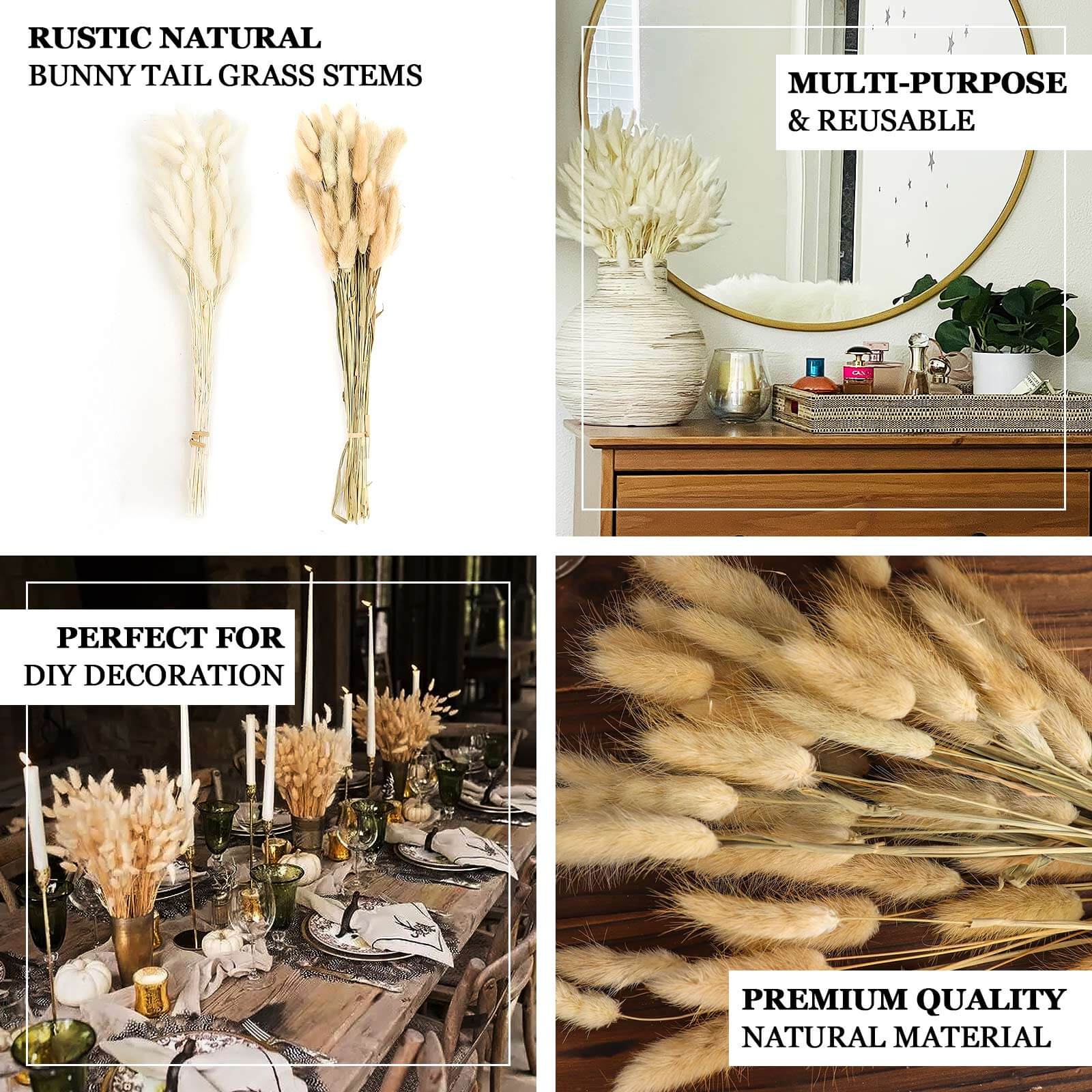 50 Pack Natural White Rabbit Tail Dried Pampas Grass Flower Bouquets, Boho Stem Arrangements 15