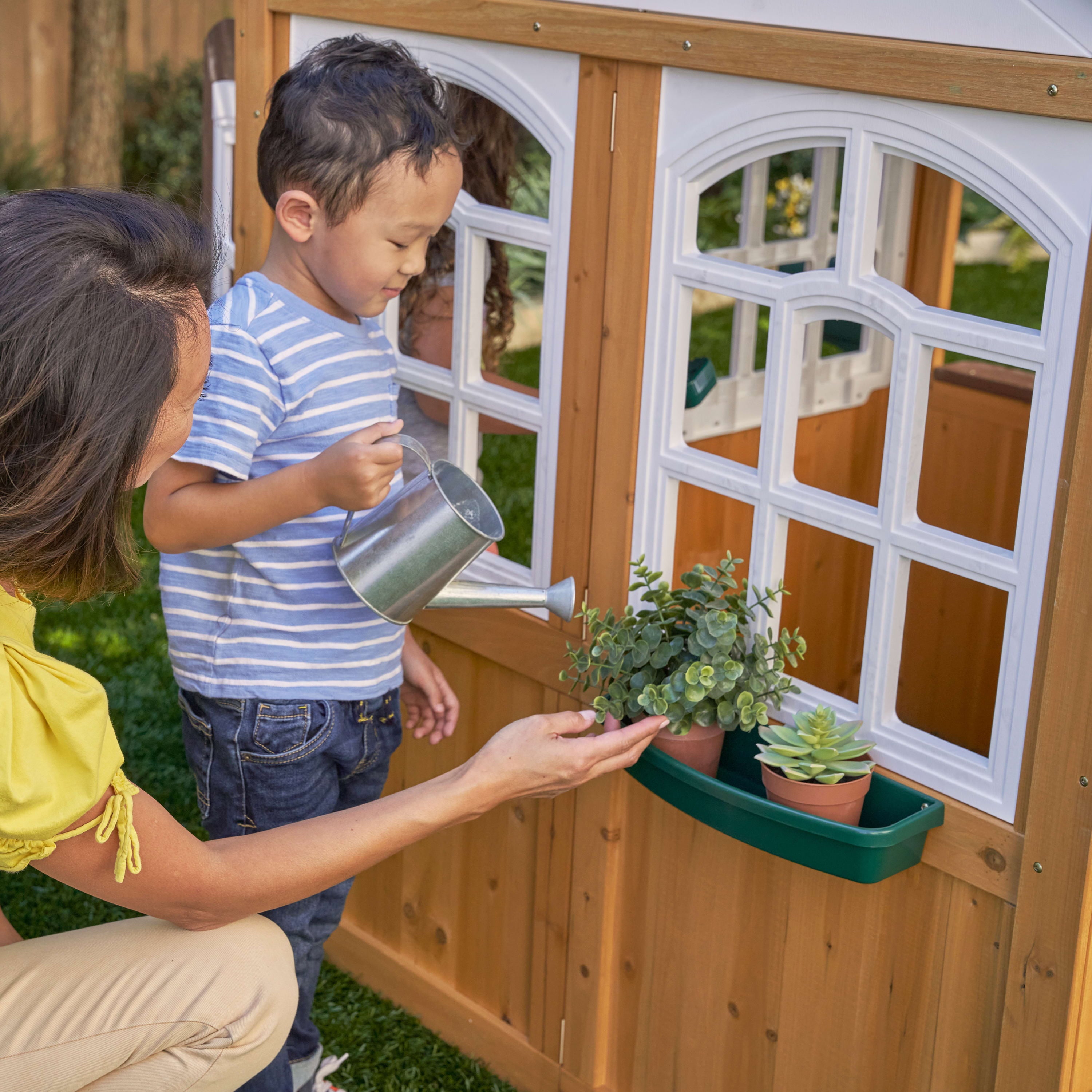 KidKraft Garden View Outdoor Wooden Playhouse with Ringing Doorbell, Mailbox & Chalkboard