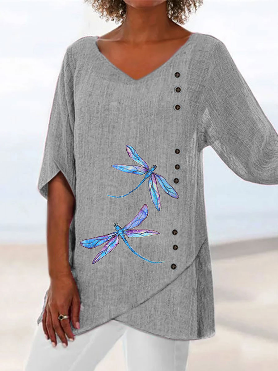 V-neck Dragonfly Print Loose Mid-sleeve Fashion Blouse