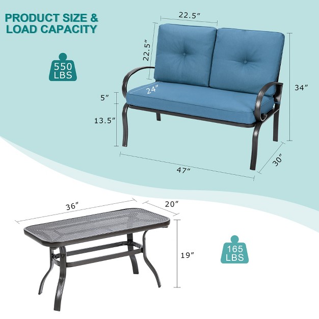 Costway 2pc Patio Loveseat Coffee Table Furniture Set Bench W Cushions