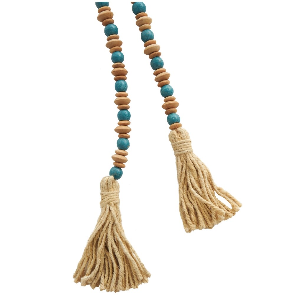 Teal Mango Wood Handmade Round Long Carved Beaded Garland with Tassel with Brown Beaded Disks