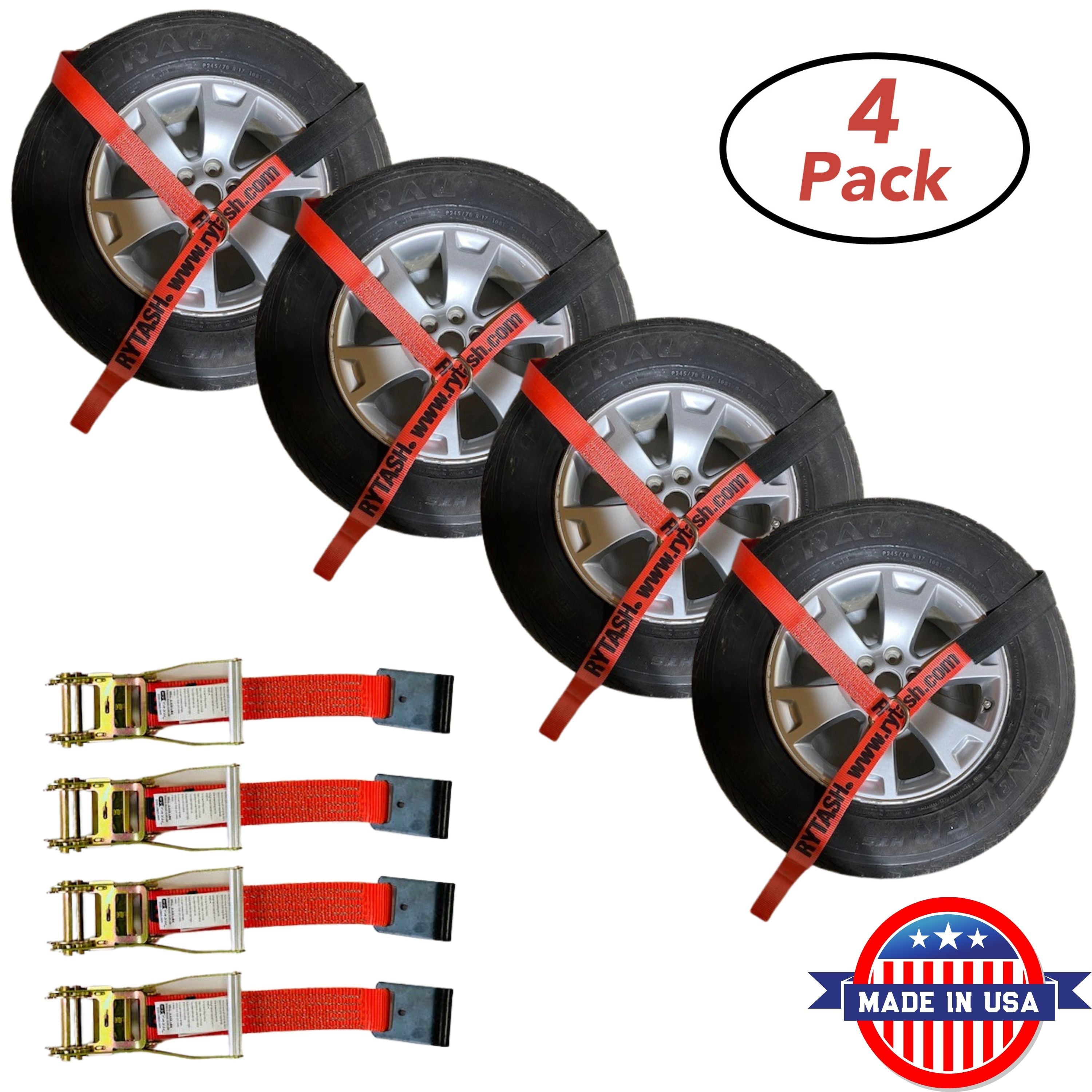 RYTASH 4 Pack Wheel Lasso Tie Down Car Tire Ratchet Straps with Flat Hooks Heavy Duty 2" x 114"