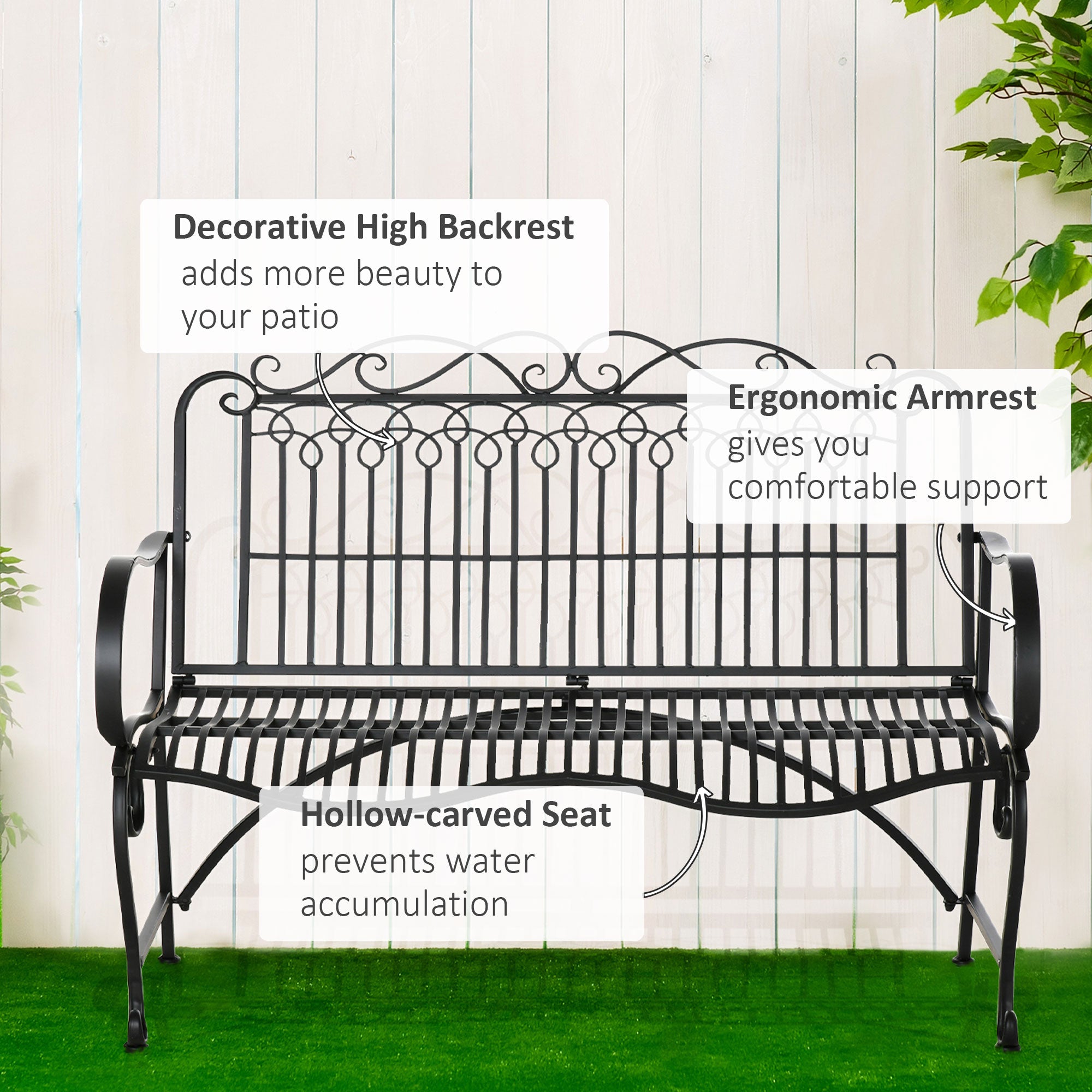 Outsunny Antique Garden Bench with Armrests & Back for Front Porch, Patio, Park, Lawn, Black