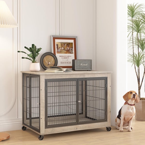 Side Table Dog Cage with Double Doors on Casters