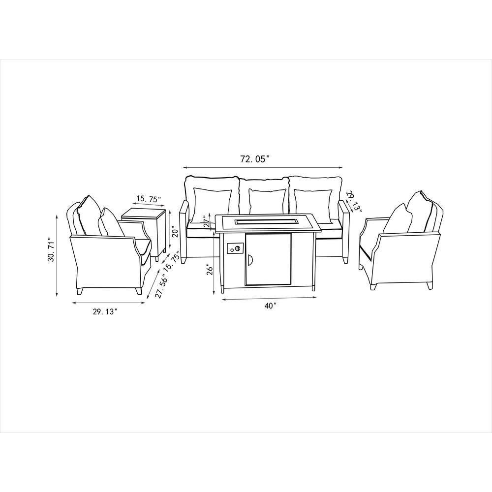 moda furnishings Torch Grey 5-Pieces Wicker Patio Conversation set with Fire pit and Grey Cushions MODAF-1802