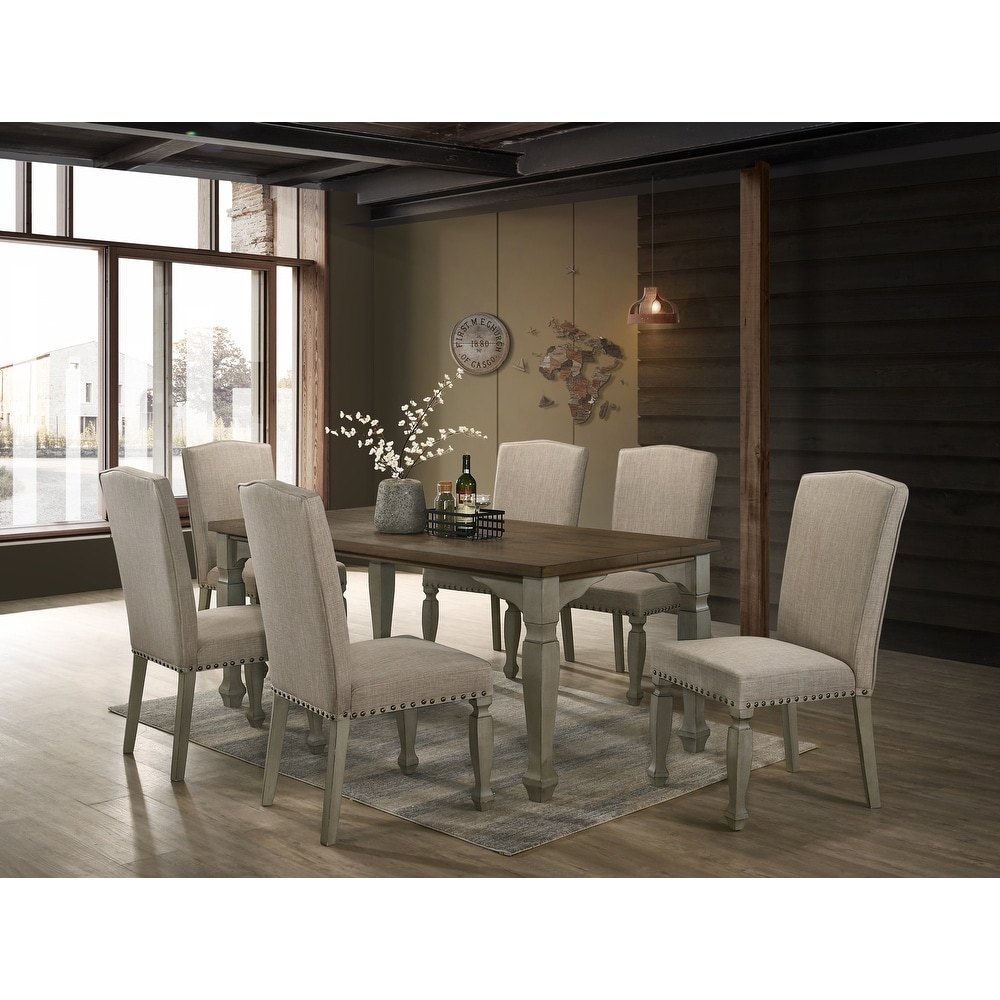 Roundhill Furniture Breda Antique Gray and Dark Oak Finished Wood Dining Set  Table with Six Chairs