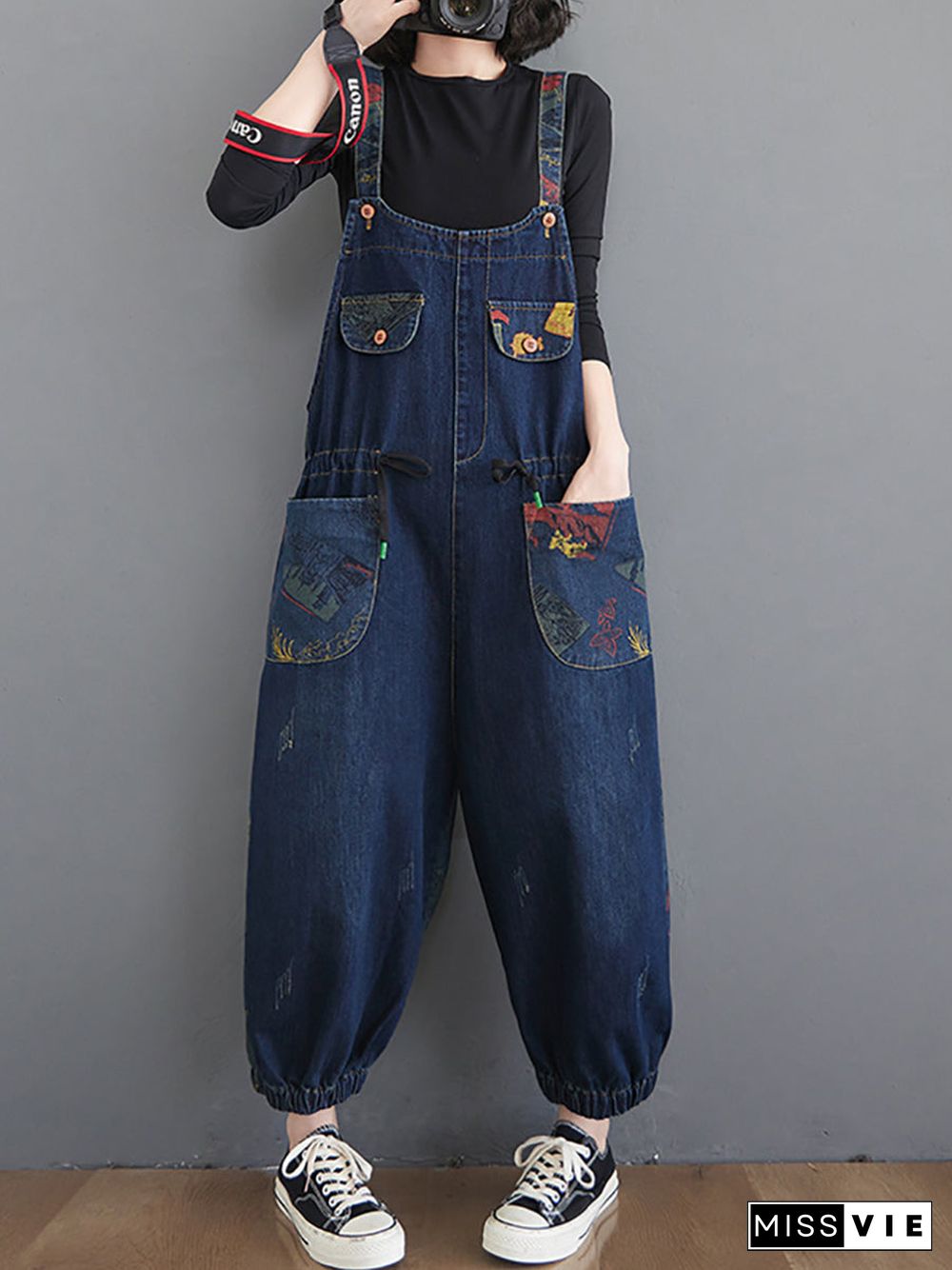 Women Casual Retro Print Pocket Loose Spliced Denim Jumpsuits