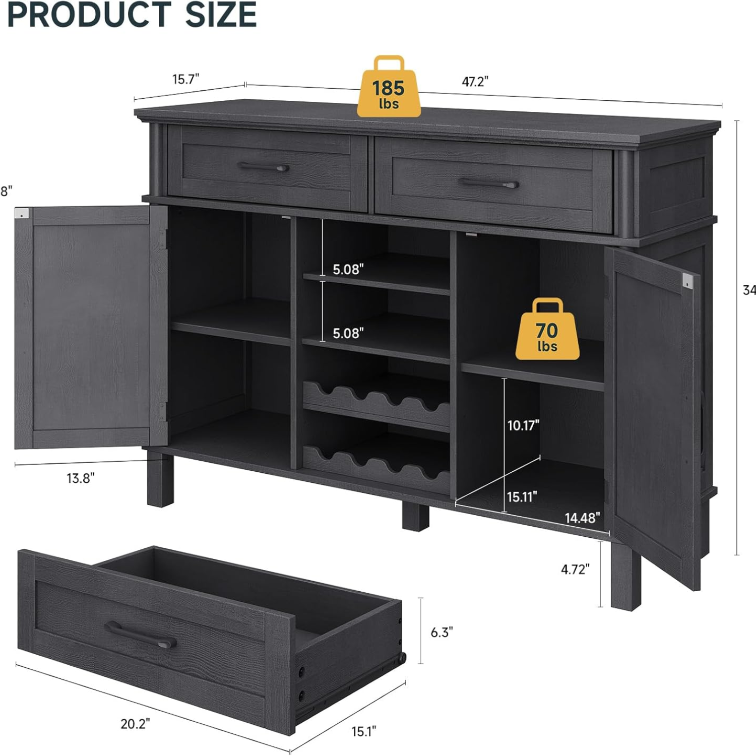 48 inches Buffet Storage Cabinet with 2 Wine Racks, 2 Drawers and Side Cabinets