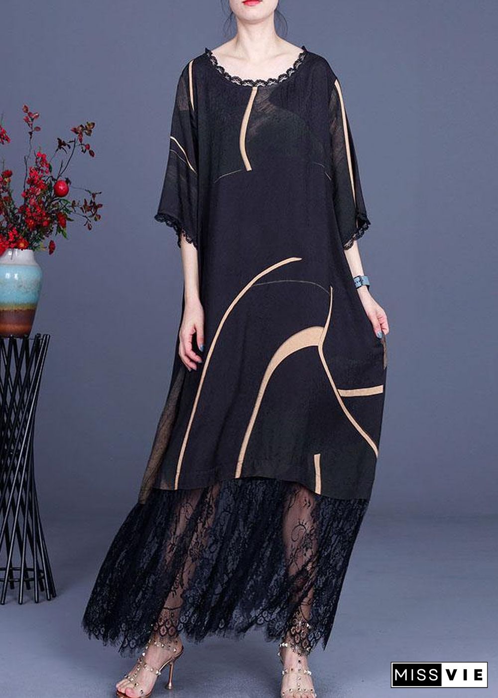 Natural Black Silk Print Patchwork Lace Vacation Dresses Summer