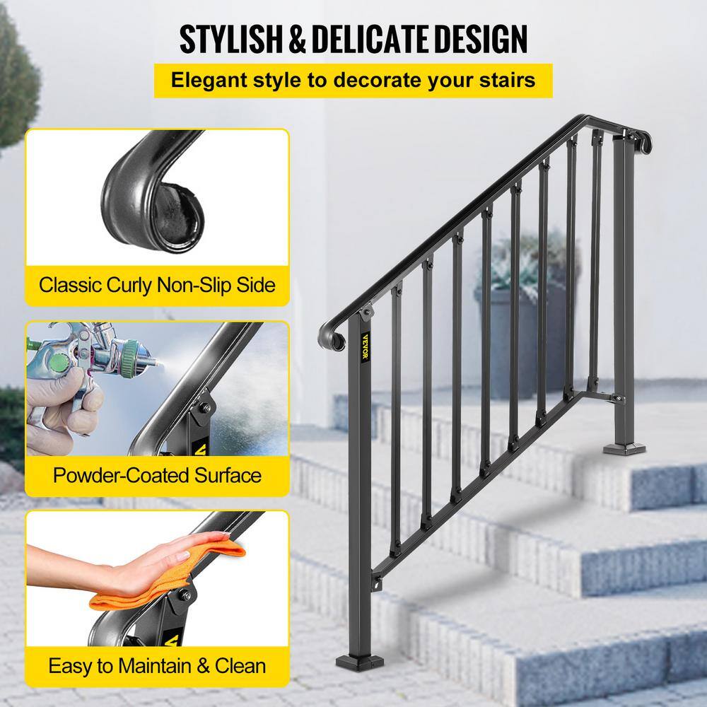 VEVOR 3 ft. Handrails for Outdoor Steps Fit 3 or 4 Steps Outdoor Stair Railing Wrought Iron Handrail with baluster Black LTFS3H4BHSTL00001V0