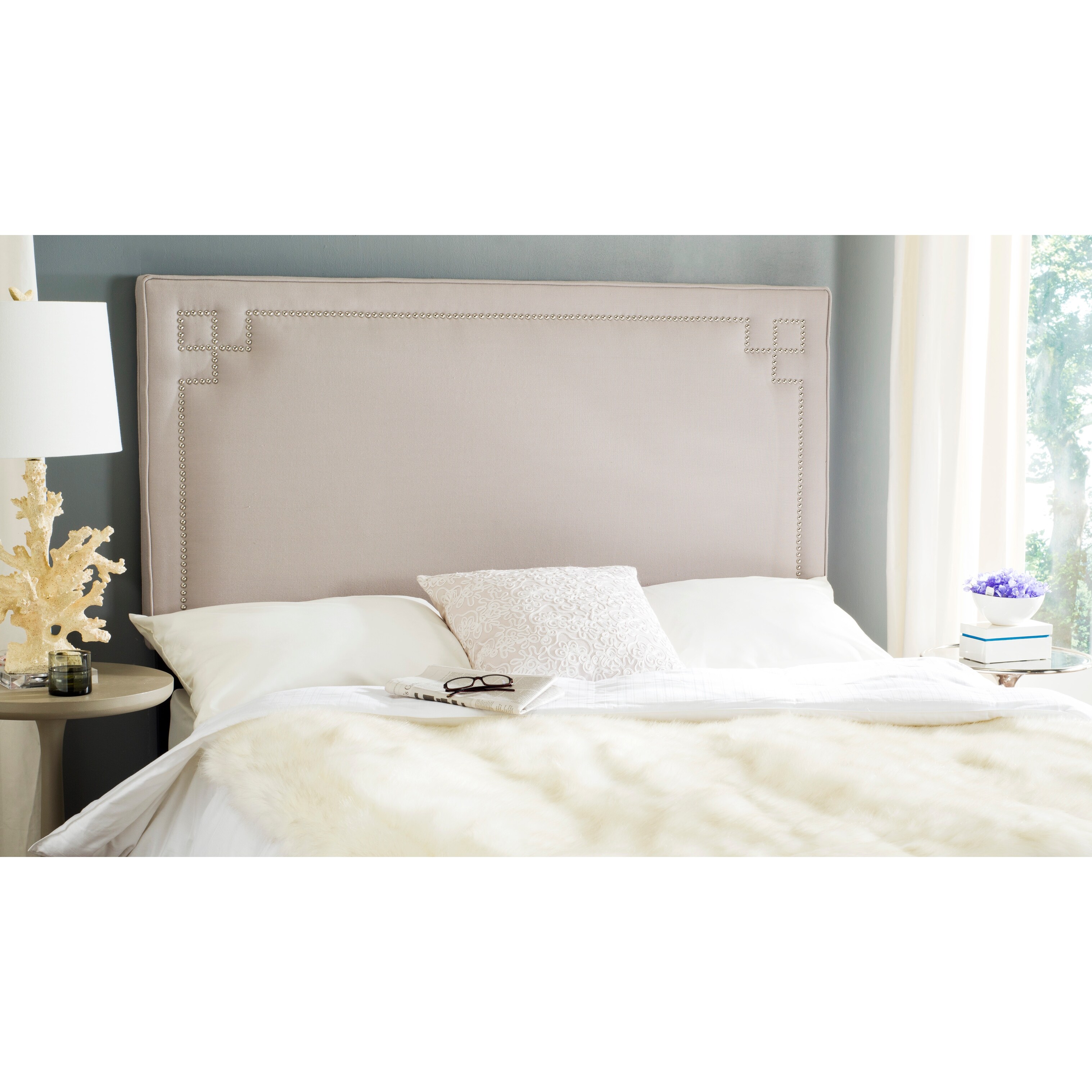 Safavieh Remington Taupe Linen Upholstered Greek Key Headboard (Queen) - - 11098699