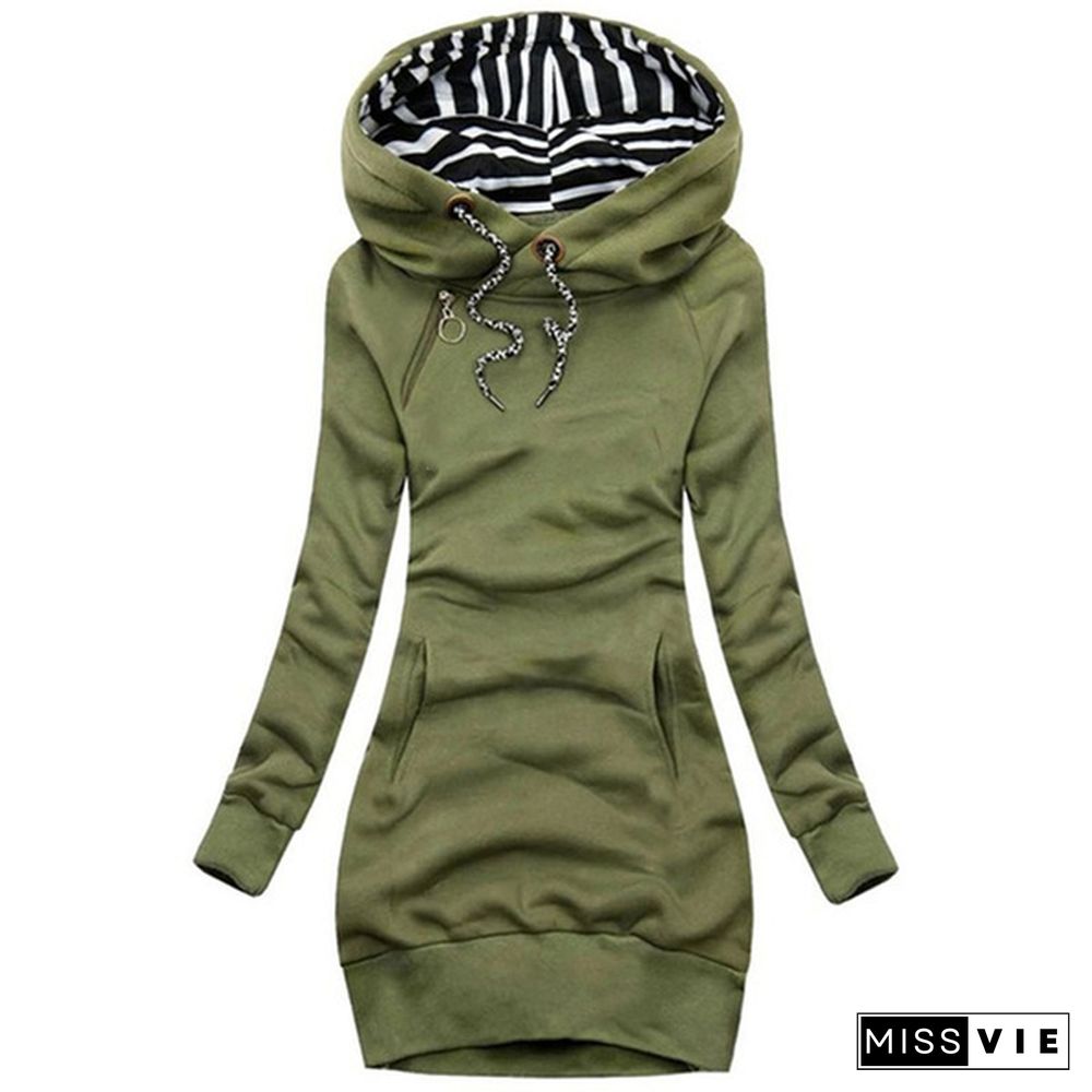 Women Fashion Hooded Sweater Dress Autumn And Winter Long Sleeve Hoodie Dress Solid Color Slim Fit Pullovers Sweatshirt Dress Plus Size