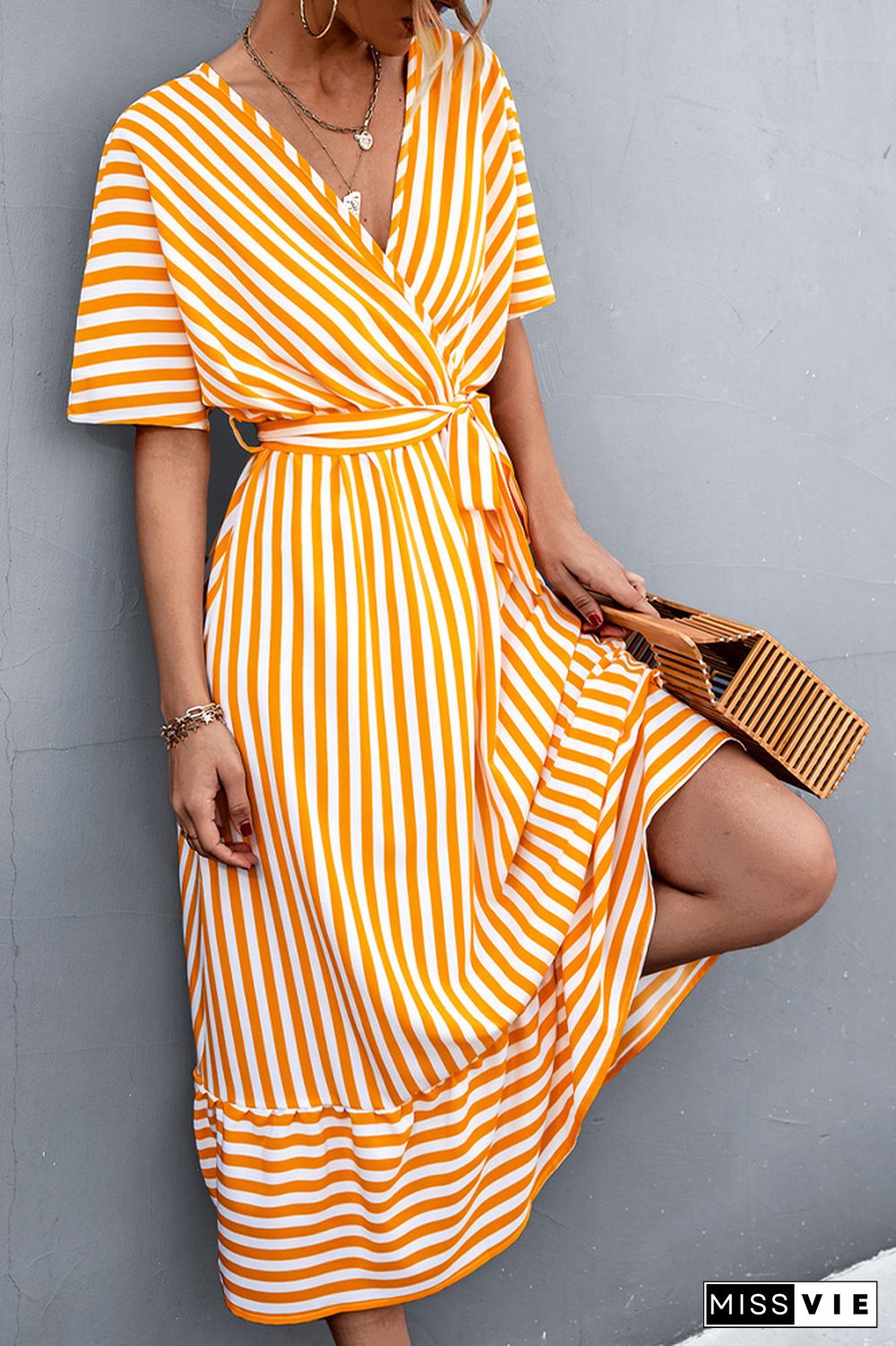 Stripe Print V-neck Short Sleeve Tie Waist Long Dress Wholesale