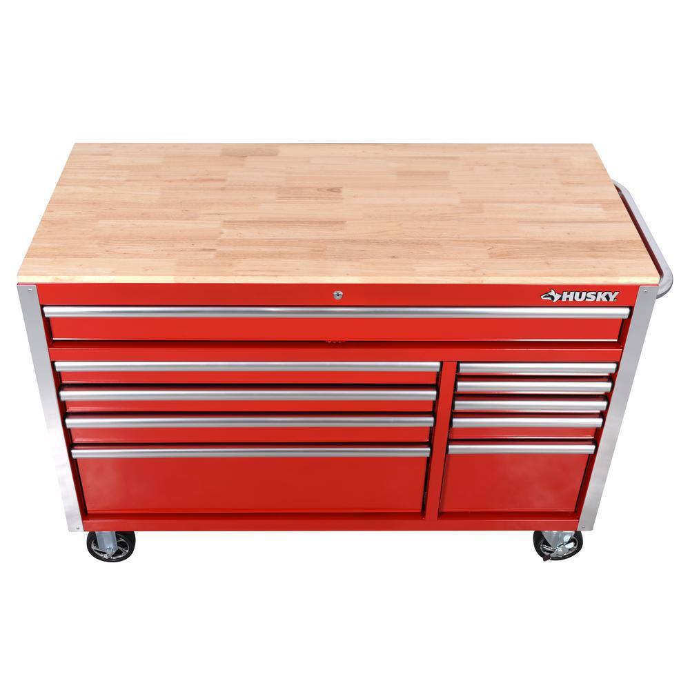 Husky 52 in. W x 24.5 in. D Standard Duty 10-Drawer Mobile Workbench Tool Chest with Solid Wood Top in Gloss Red H52MWC10RED