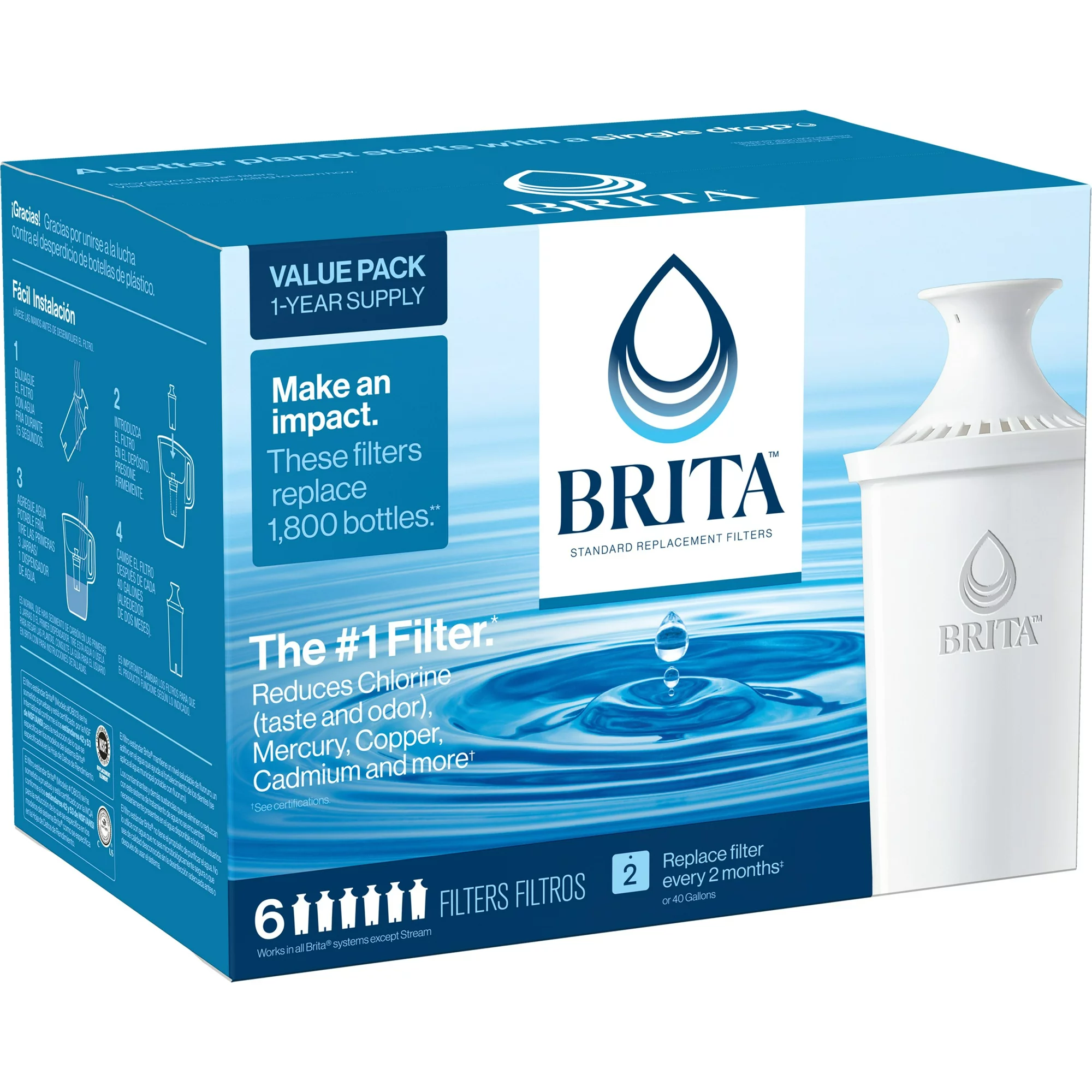 Brita Standard Water Filter， Replacement Filter for Pitchers and Dispensers， 6 Ct