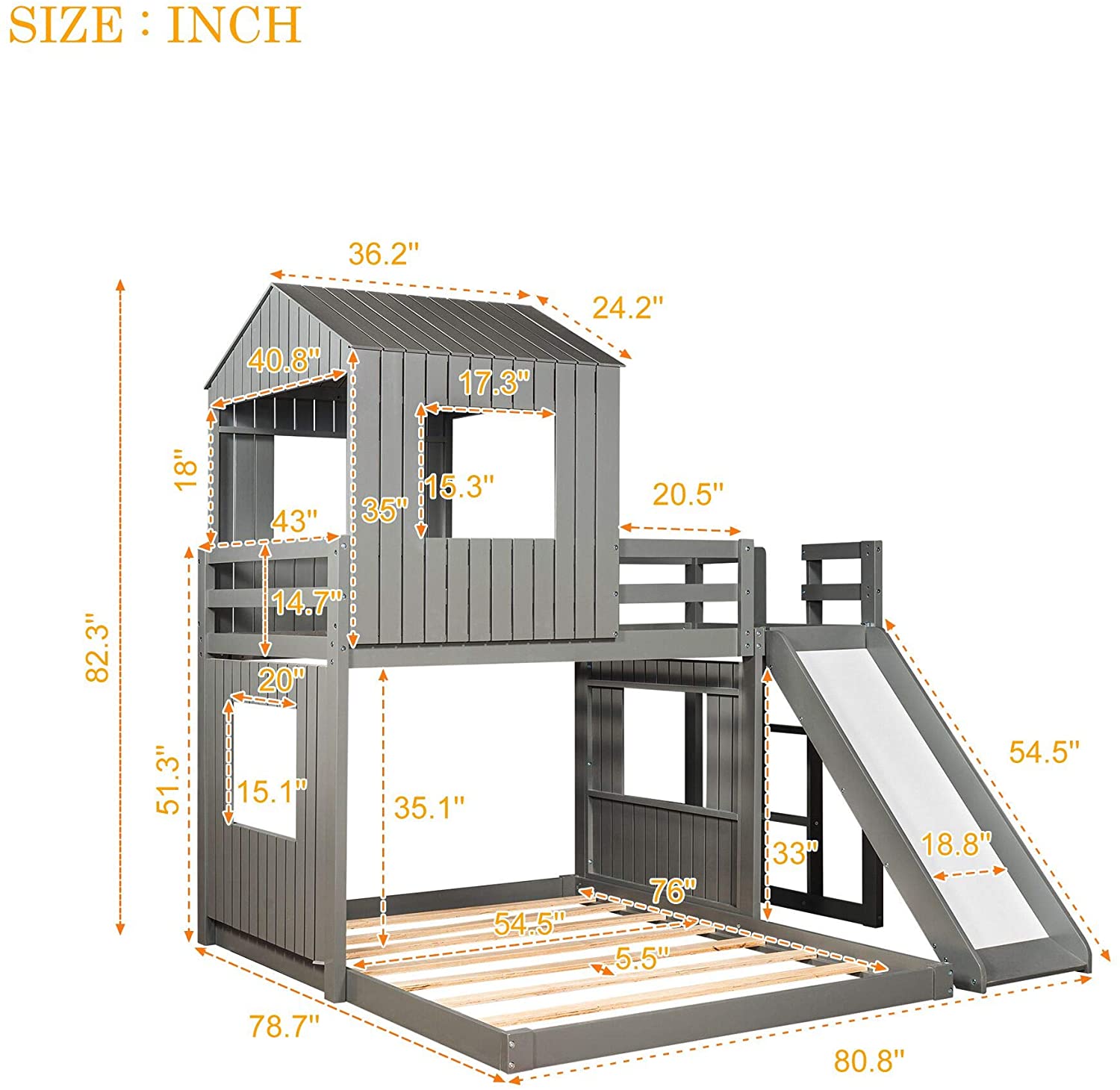 Churanty Pine Wood Bunk Bed Security, Twin-over-full, Gray