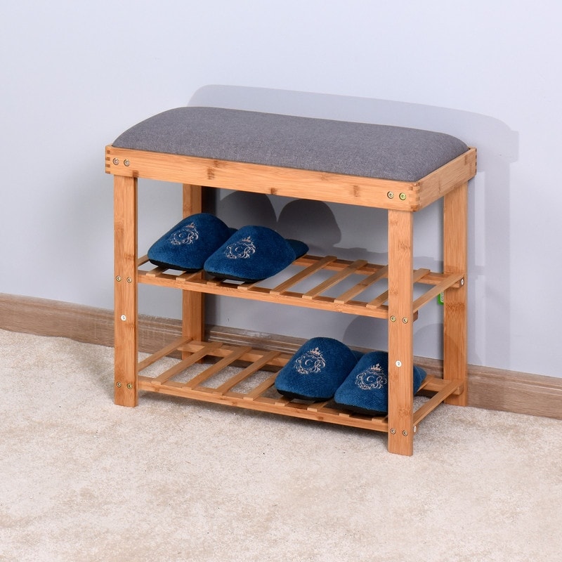 Entryway 3 tier Bamboo Bench Living Room Storage Shoe Rack