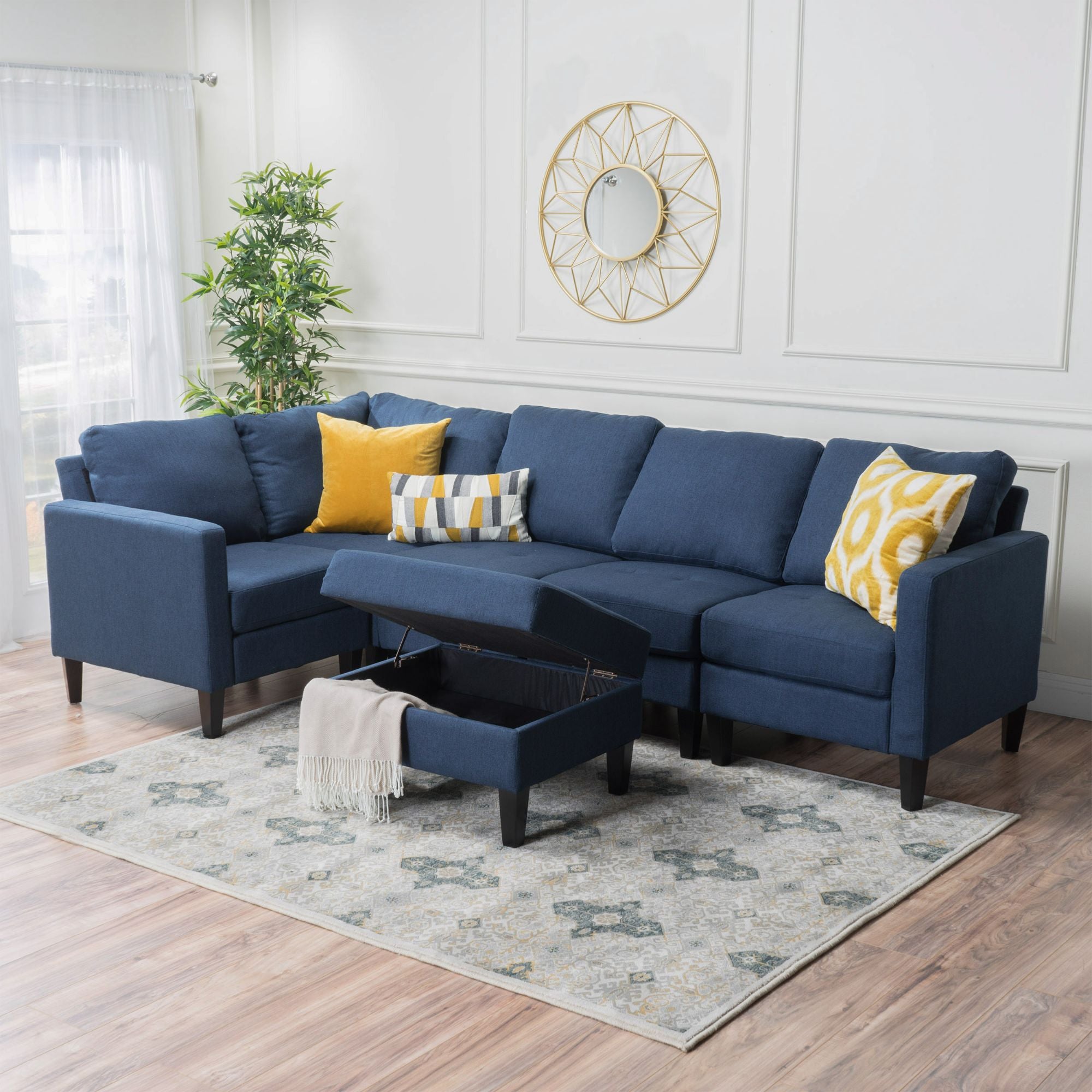 6-Piece Navy Blue Contemporary Sectional Couch with Storage Ottoman 35.5