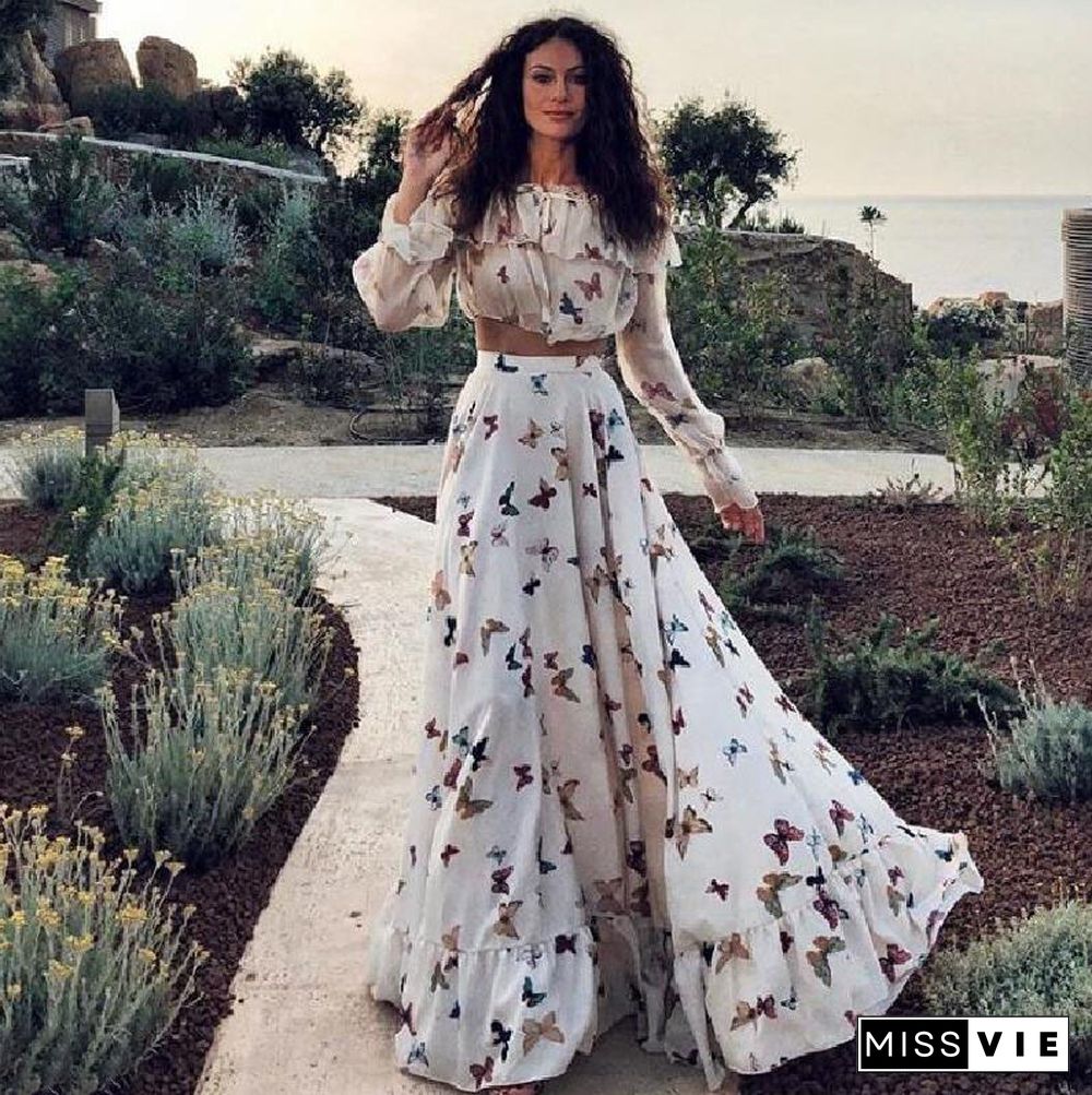 Butterfly Print Two Piece Set Large Skirt Long Skirt Beach Dress White Dresses