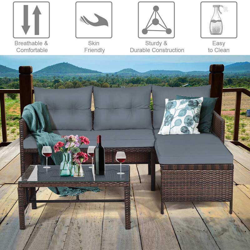 3 Pcs Rattan Patio Furniture Set Outdoor Conversation Sofa Set with Loveseat Chair & Coffee Table