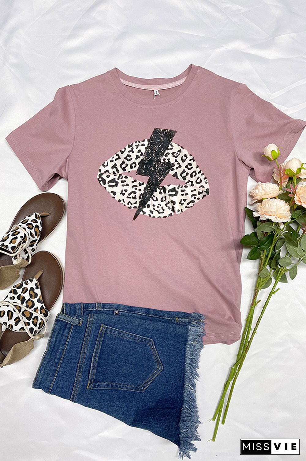 Leopard Lightning Lip Print Graphic Tees for Women Wholesale Short Sleeve T shirts Top