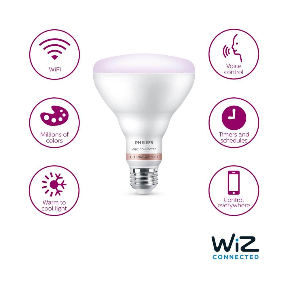 Philips 65-Watt Equivalent BR30 LED Smart Wi-Fi Color Changing Light Bulb Powered by WiZ with Bluetooth (4-Pack) 562728